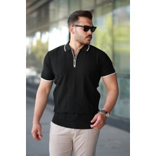 Erkek Dikey Kabartmalı Örgü Dokulu Fermuar Yakalı Tişört