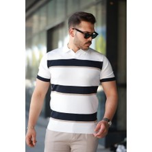 Erkek Şerit Desenli Hemşire Yaka Kısa Kollu Tişört