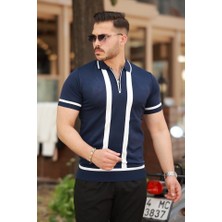 Erkek Fermuar Yakalı şerit Detaylı Kısa Kollu Tişört