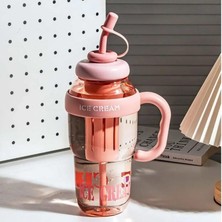 Ice Cream Tasarımlı Pipetli Suluk 1.3 Litre Büyük Hacimli, Şeffaf Renkli Matara, Sızdırmaz Kapak