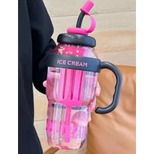 Ice Cream Tasarımlı Pipetli Suluk 1.3 Litre Büyük Hacimli, Şeffaf Renkli Matara, Sızdırmaz Kapak