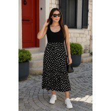 Ag Shoppings Kadın Askılı Yuvarlak Yaka Üst Viskon Alt Desenli Bürümcük Elbise