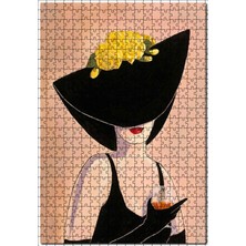 Cakapuzzle Sarı Çiçekli Şapkalı Kadın Turuncu Kadeh  120 Parça Puzzle Yapboz Mdf (Ahşap)