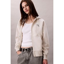 Kadın Rahat Kesim Fermuarlı Kapüşonlu Nakış Logolu Sweatshirt - Bej