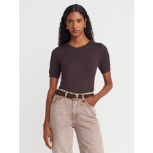10779 Bisiklet Yaka Kısa Kol Basic Triko Bluz-Koyu Kahve