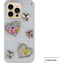 iPhone 15 Pro Uyumlu Kelebekli Taşlı Simli Kalpli Wish Silikon Telefon Kılıfı