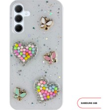 Samsung Galaxy A55 Uyumlu Kelebekli Taşlı Simli Kalpli Wish Silikon Telefon Kılıfı