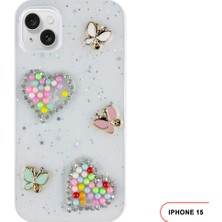 iPhone 15 Uyumlu Kelebekli Taşlı Simli Kalpli Wish Silikon Telefon Kılıfı