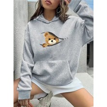 Kadın Fermuar Sevimli Ayı Baskılı Kapüşonlu Siyah Gri Hoodie Sweatshirt Oversize