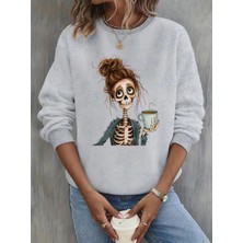 Kadın Kahvekolik Iskelet Baskılı Bisiklet Yaka Gri Siyah Sweatshirt Oversize Salaş