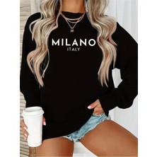 Kadın Milano Italy Baskılı Bisiklet Yaka Gri Siyah Sweatshirt Oversize Salaş