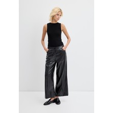 Yüksek Bel Nervür Dikişli Deri Pantolon Siyah