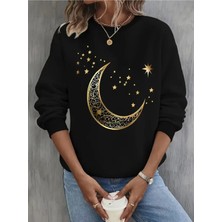 Tasarım Ay Yıldız Baskılı Bisiklet Yaka Gri Siyah Sweatshirt Oversize Salaş