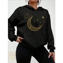 Tasarım Ay Yıldız (* Baskılı Kapüşonlu Siyah Gri Hoodie Sweatshirt Oversize