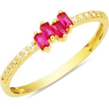 14 Ayar Altın Kırmızı Bagetli Yüzük