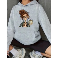 Kadın Kahvekolik Iskelet Baskılı Kapüşonlu Gri Siyah Sweatshirt Oversize Salaş