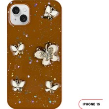 iPhone 15 Uyumlu Kelebekli Taşlı Simli Kalpli Wish Silikon Telefon Kılıfı