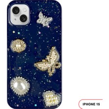 iPhone 15 Uyumlu Kelebekli Taşlı Simli Kalpli Wish Silikon Telefon Kılıfı