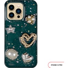 iPhone 14 Pro Uyumlu Kelebekli Taşlı Simli Kalpli Wish Silikon Telefon Kılıfı