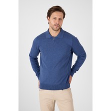 Açık Mavi Saf %100 Pamuk Erkek Yarım Fermuarlı Polo Yaka Triko Kazak