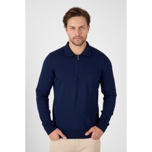Lacivert Saf %100 Pamuk Erkek Yarım Fermuarlı Polo Yaka Triko Kazak