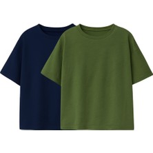 Basic 2'li Unisex Bisiklet Yaka T-Shirt ( Lacivert - Haki )