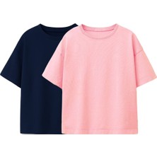 Basic 2'li Kız Çocuk Bisiklet Yaka T-Shirt ( Lacivert - Pembe )