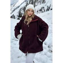 Madmext Bordo Dik Yakalı Cepli Peluş Mont MG1966