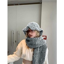 Moda Biçer Gri Peluş Örgü Atkı Şal Pufy Kadın Standart Sezonluk Tasarım