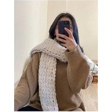 Kadınlar İçin Moda Biçer Bej Peluş Örgü Atkı Yeni Trend Sezon Aksesuarı
