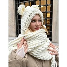 Eksper Hırdavat Bej Renkli Kadın Puffy Balaklava - Birleşik Atkı Bere-Ayıcık Tasarım