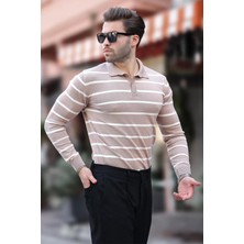 Bej Düğmeli Polo Yaka Çizgili Uzun Kollu Kazak 7263