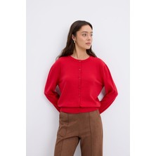 Yuvarlak Yaka Düğmeli Triko Hırka Kırmızı