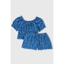 Kız Çocuk Mavi Çiçek Desenli Yazlık Bluz Şort Takım - Kız Çocuk Takım
