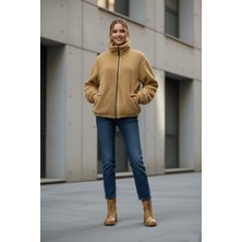 Kadın Oversize Peluş, Polar, Fermuarlı, Teddy Dik Yaka, Sıcak Tutucu Yumuşak Kışlık Ceket