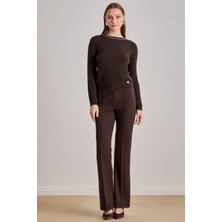 Yüksek Bel Kahverengi Örme Pantolon