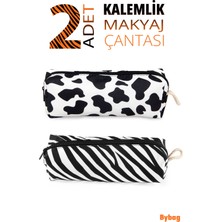 2 Adet Kalemlik Inek Desenli ve Zebra Desenli Kalemlik Fermuarlı Makyaj Çantası Kalem Kutusu