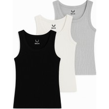 Kadın 3'lü Paket Siyah-Beyaz-Gri   Sıfır Kol Kaşkorse Body-Bisiklet Yaka %100 Pamuk Atlet Bluz