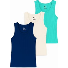 Kadın 3'lü Paket Lacıvert-Beyaz-Turkuaz   Sıfır Kol Kaşkorse Body-Bisiklet Yaka %100 Pamuk Atlet Bluz