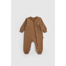 Organik Pamuklu İçi Tüylü Kahverengi Fermuarlı Bebek Tulumu