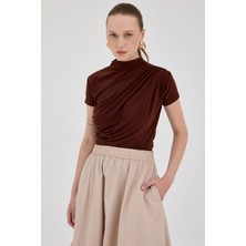 Kahve Kısa Kol Büzgülü Sandy Bluz 2417