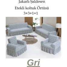 Jakarlı Şal Desen Koltuk, Kanepe, Çekyat Örtüsü, Likralı, Etekli, Koltuk Kılıfı 3+3+1+1 Takım Gri