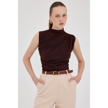 Kahve Kolsuz Büzgülü Sandy Bluz 2430