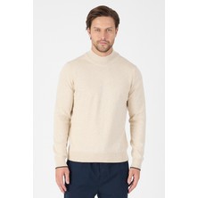 Bej Saf %100 Pamuk Erkek Yarım Balıkçı Yaka Triko Kazak