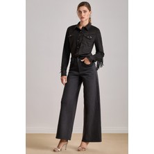 Guitar Yüksek Bel Kadın Siyah Jean Pantolon Comfort Fit Orta Kalınlık Denim Kumaş