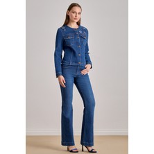 Guitar Yandan Cepli Kadın Mavi Jean Pantolon Comfort Fit Bol Paça Orta Kalınlık Denim Kumaş