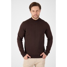 Kahverengi Saf %100 Pamuk Erkek Yarım Balıkçı Yaka Triko Kazak