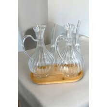 Borosilikat Cam Glorry Yağlık ve Sirkelik Seti 700 ml +700 ml Bambu Standlı Çizgili Tasarım