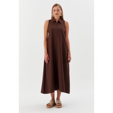 Yakası Fermuarlı Cepli Elbise Kahve