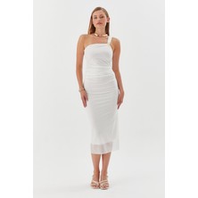 Tek Askılı Tokalı Midi Tül Elbise Beyaz